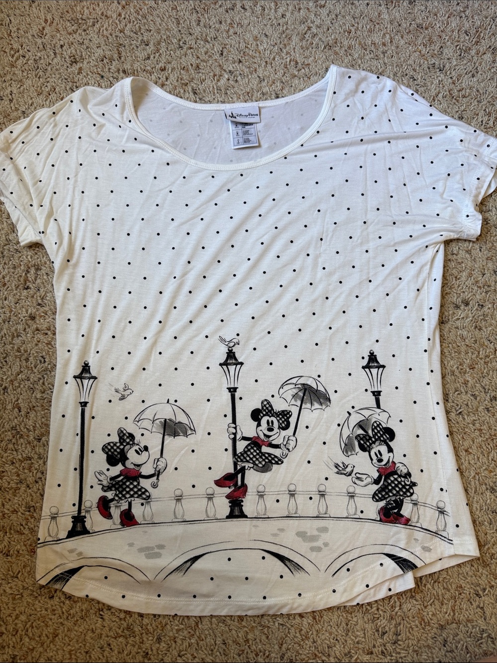 Disney White Polka Dot Minnie Mouse Graphic Tee with Red Accents